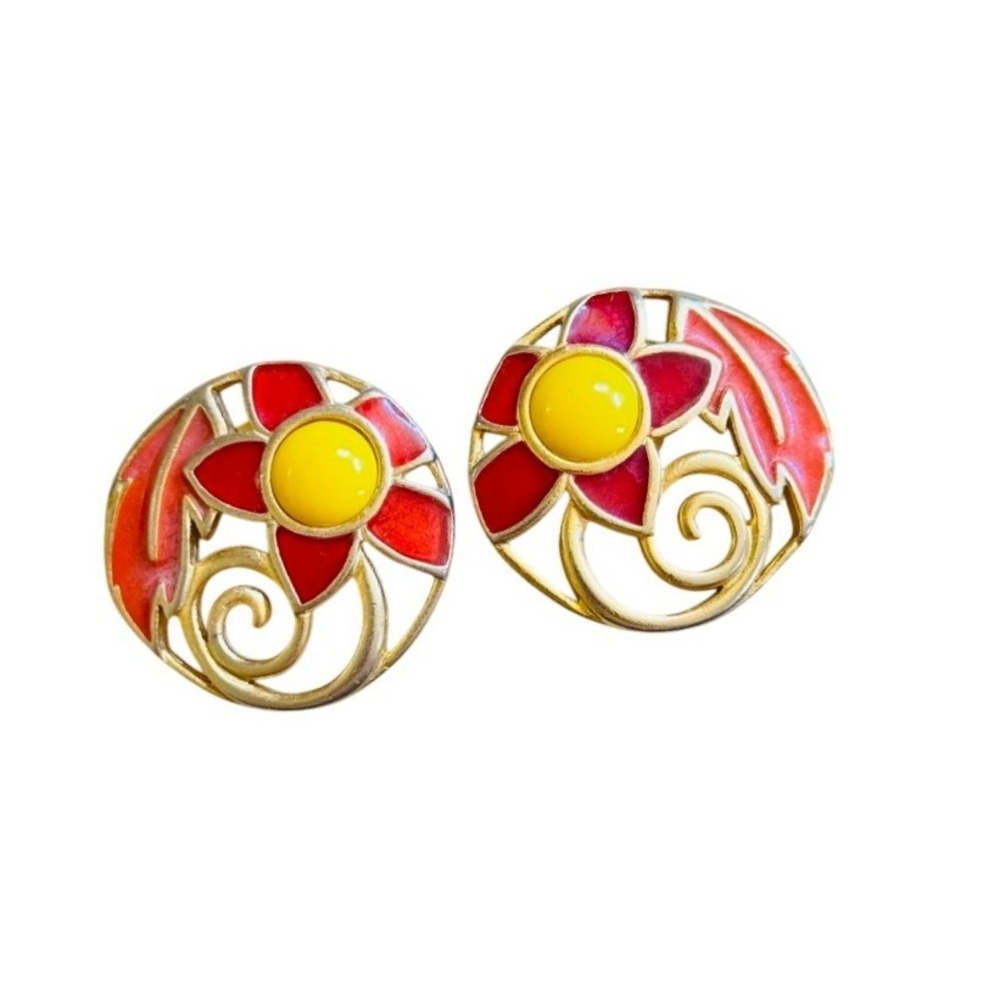 Tara Signed 80s Earrings VTG Gold Plated‎ Clip Flower Cabochon Enamel Groovy HTF
